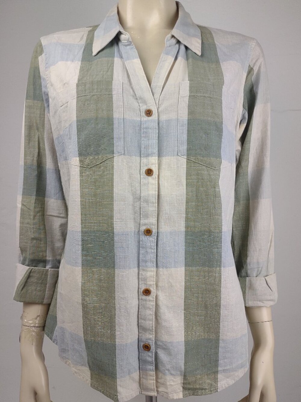 Patagonia green beige plaid 100% Organic Cotton button front shirt ladies Small